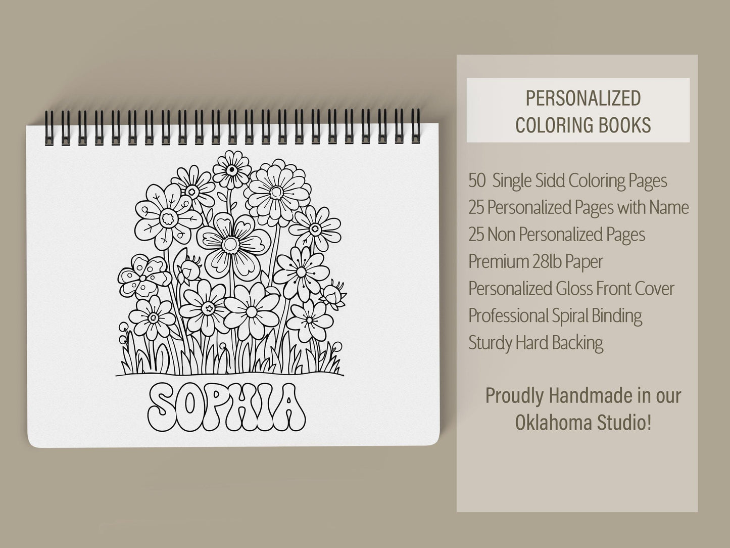 Personalized Flower Coloring Book - Custom Kids Spiral Bound Art Gift