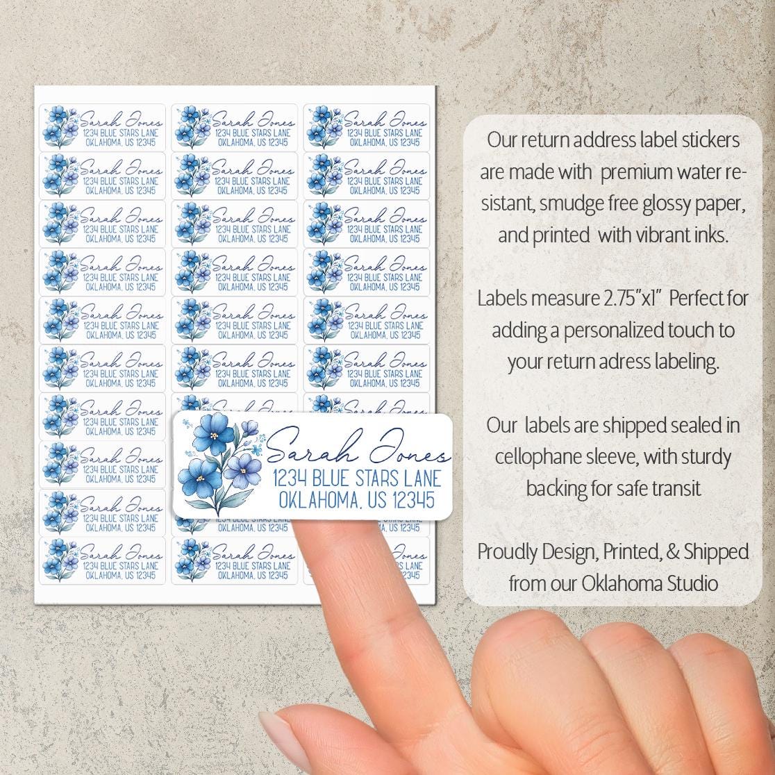Custom Return Address Labels | Blue Floral Address Stickers, Repositionable & Water Resistant
