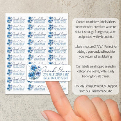 Custom Return Address Labels | Blue Floral Address Stickers, Repositionable & Water Resistant