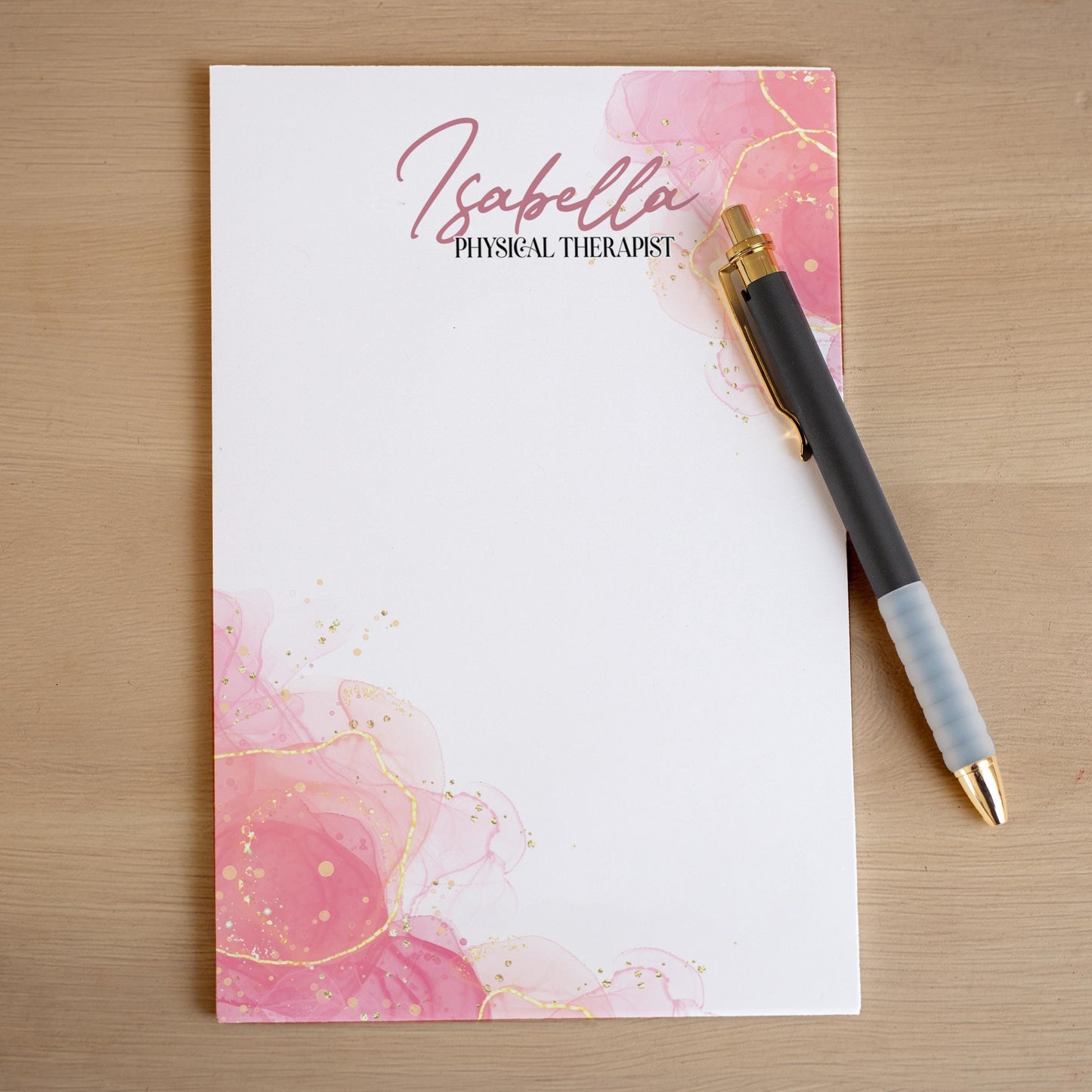 Personalized Notepad - Custom Name Notepad With Pink Watercolor Design, Marble Stationery
