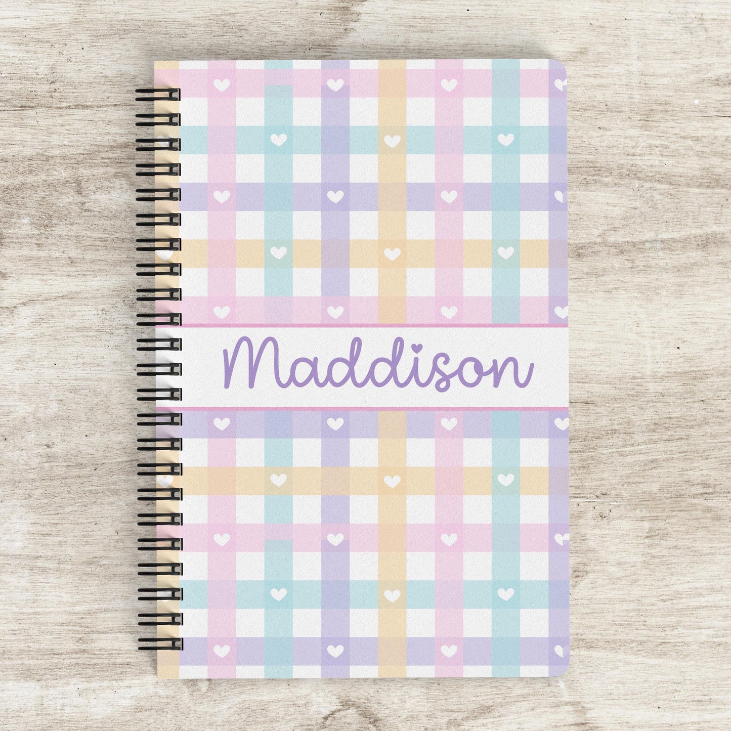 Custom Girls Notebook - Personalized Journal With Pastel Gingham Design | Spiral Bound