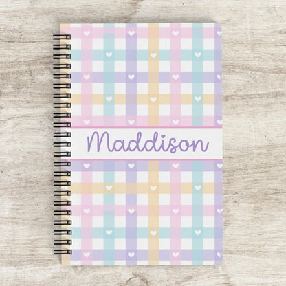 Custom Girls Notebook - Personalized Journal With Pastel Gingham Design | Spiral Bound