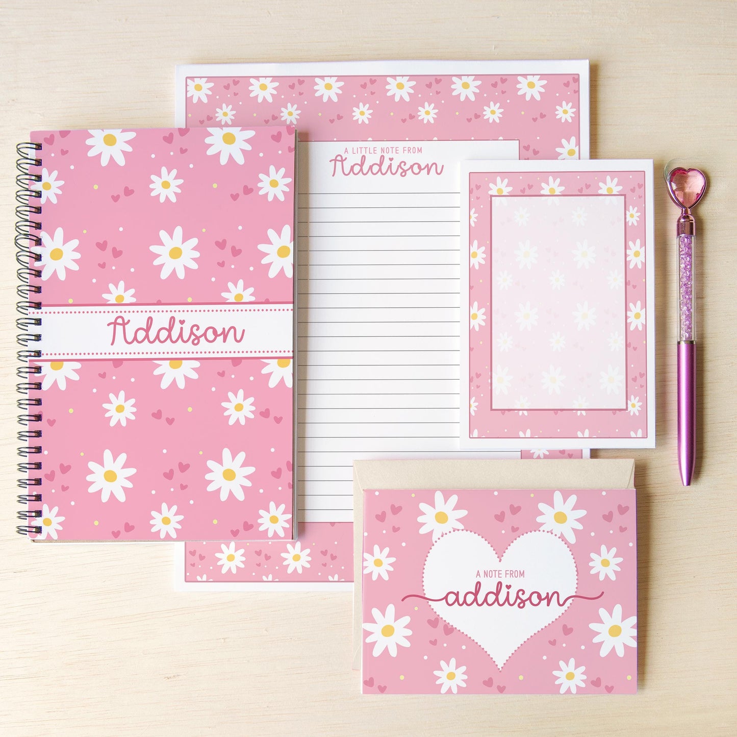 Personalized Stationery Set - Kids Letter Writing Kit with Pink Daisy Notebook & Envelopes