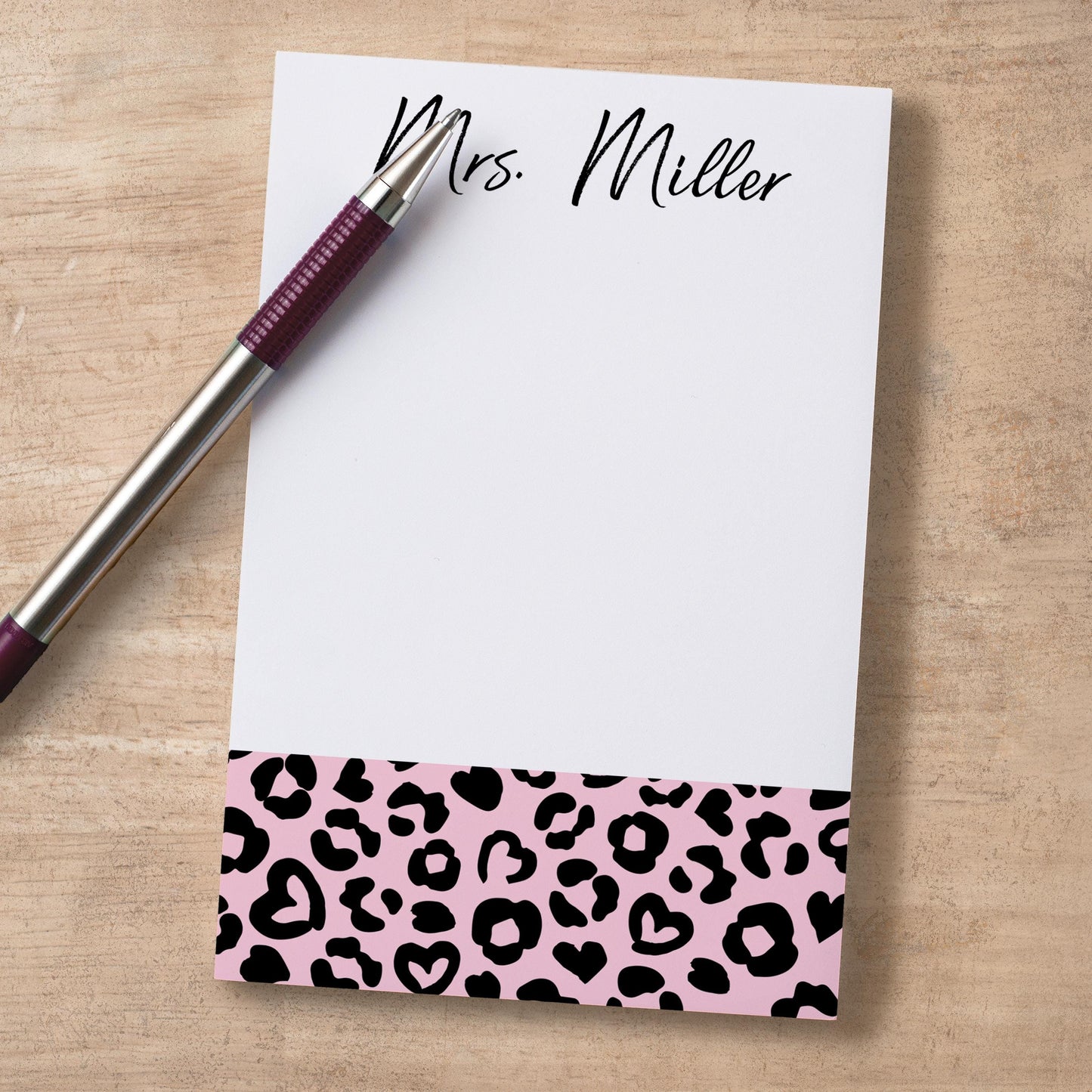 Personalized Leopard Notepad - Custom Pink Notepad with Hard Backing, Easy Tear Away Pages