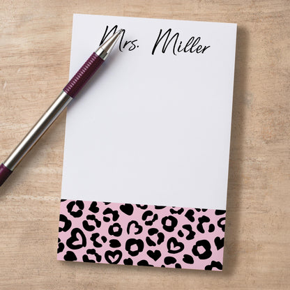 Personalized Leopard Notepad - Custom Pink Notepad with Hard Backing, Easy Tear Away Pages