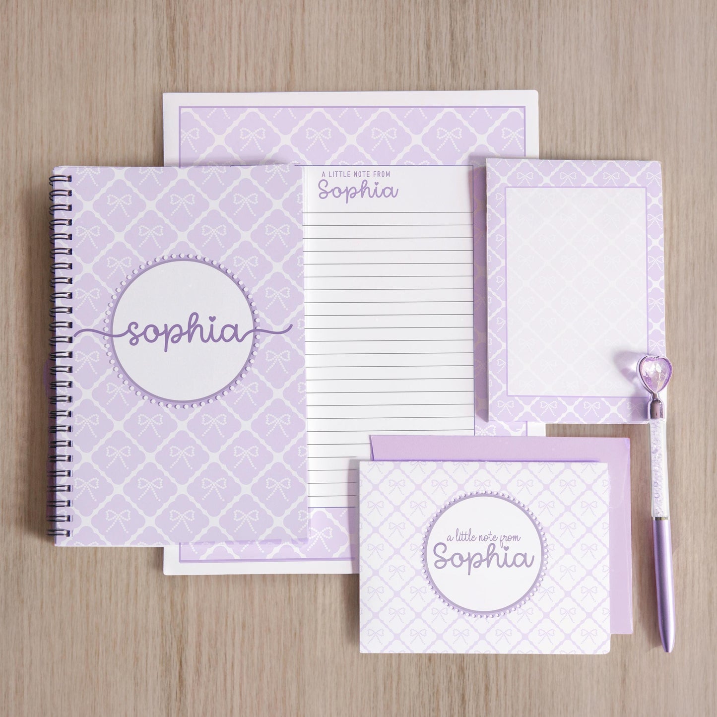 Personalized Stationery Set – Kids Letter Writing Kit with Purple Bow Notebook & Envelopes