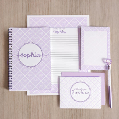 Personalized Stationery Set – Kids Letter Writing Kit with Purple Bow Notebook & Envelopes