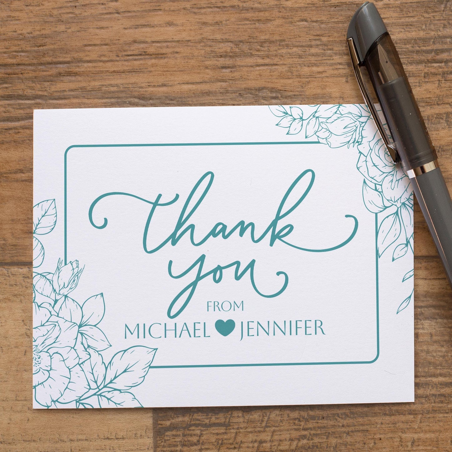 Personalized Wedding Thank You Cards – Floral Folded Cards with Matching Envelopes