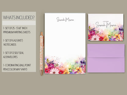 Personalized Stationery Set – Rainbow Wildflowers Letter Writing Gift Set with Pen & Notepad