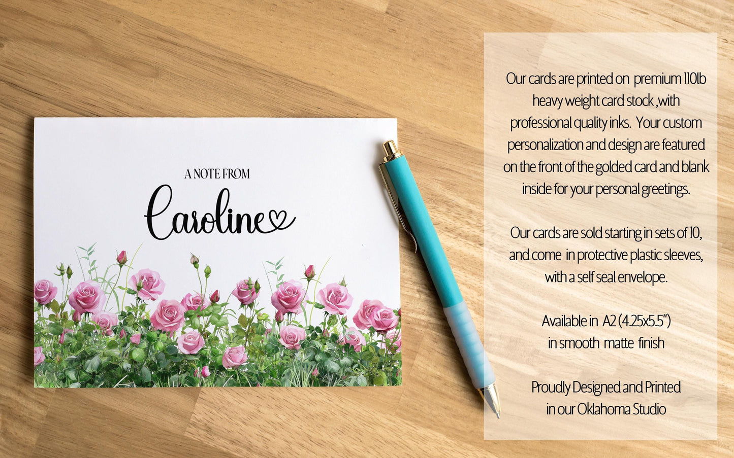Personalized Note Cards - Pink Rose Folded Cards Set with Custom Stationery & Envelopes