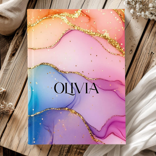 Personalized Hardcover Journal - Custom Name Rainbow Marble Notebook for Women's Writing