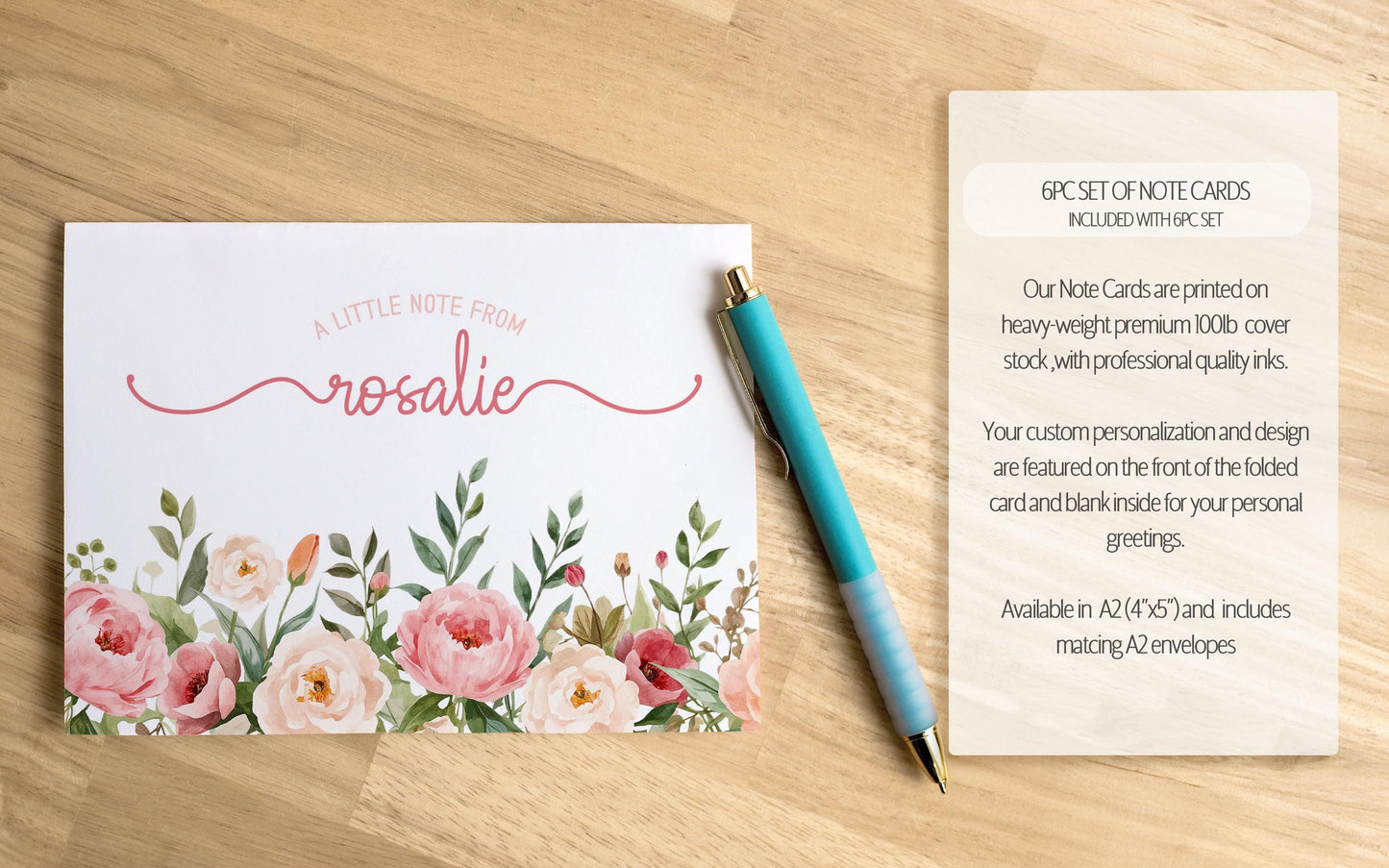 Personalized Stationery Set - Pink Rose Floral Writing Paper & Envelopes Gift
