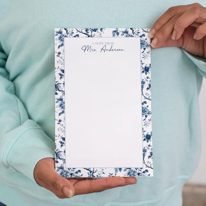 Personalized Notepad - Custom Name Notepads with Blue White Stationery & Floral Chinoiserie Design