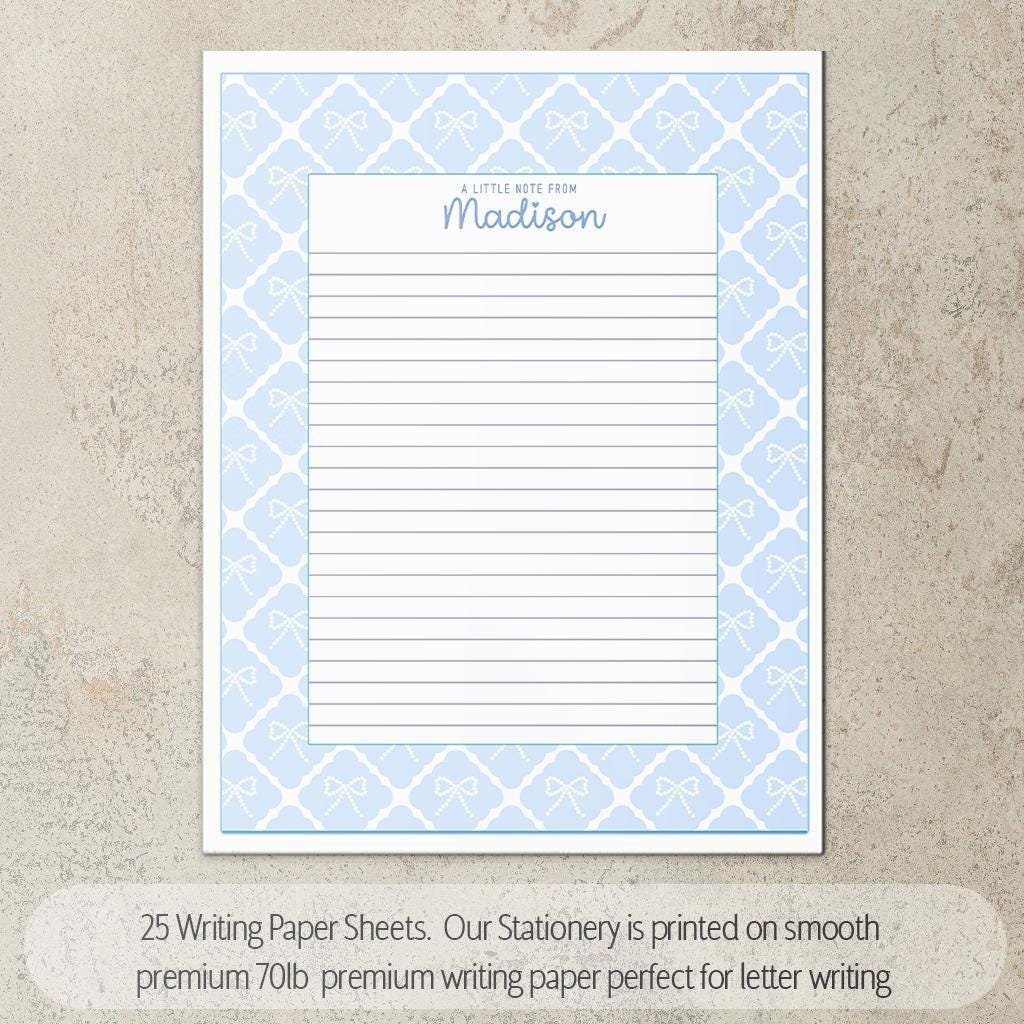Personalized Stationery Set - Letter Writing Set with Blue Coquette Bow & Notecards