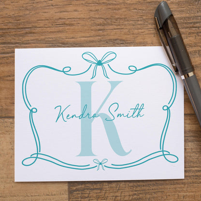 Personalized Monogram Note Cards – Custom Folded Cards with Hand Drawn Bow Design & Self Seal Envelopes