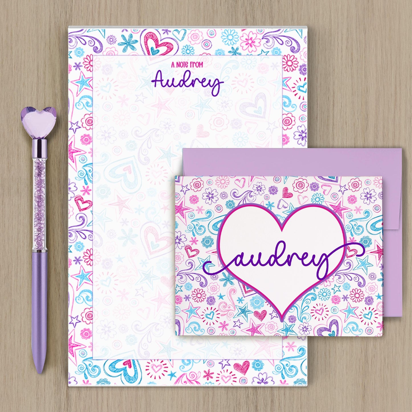 Personalized Stationery Set - Premium Letter Writing Sets with Glitter Ballpoint Pen & Notepad