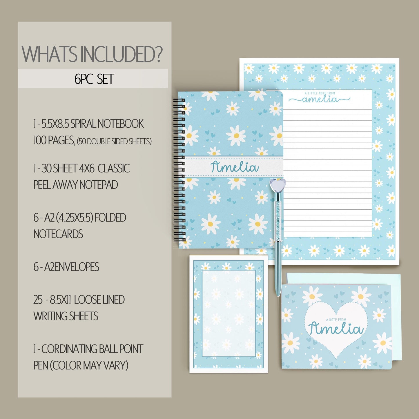 Personalized Stationery Set – Kids Writing Set With Blue Daisy Notebook & Notecard Envelopes