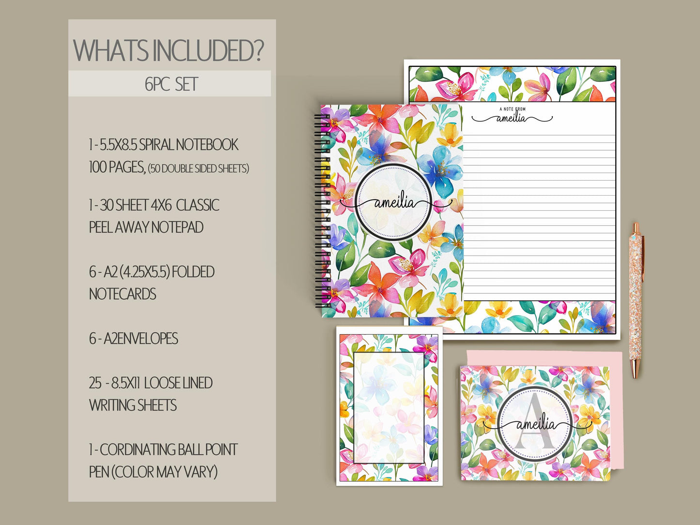 Personalized Stationery Set - Wildflower Letter Writing Sets with Floral Notebook & Pen