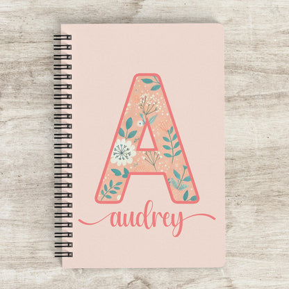 Personalized Womens Notebook - Custom Monogram Journal With Coral Teal Floral Design