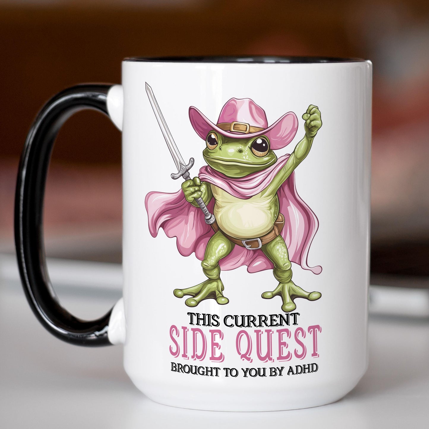 Funny Womens Coffee Mug - Cute Pink Cowboy Frog Side Quest Ceramic Cup
