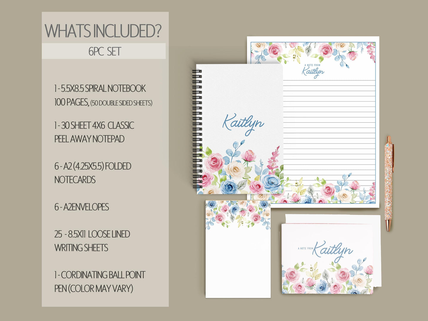 Personalized Stationery Set - Floral Writing Paper, Notebook & Notecard Pen Gift