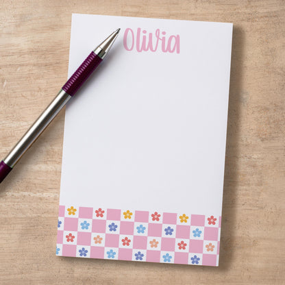 Personalized Girls Notepad – Custom Pink Flower Notepad with Checker Design, Lined Note Pads
