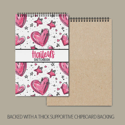 Personalized Kids Sketchbook - Custom Drawing Pad With Pink Heart Doodle, Spiral Bound Art Book