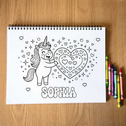 Personalized Coloring Book, Girls Hearts, 50 Pages, 11x8.5 Spiral