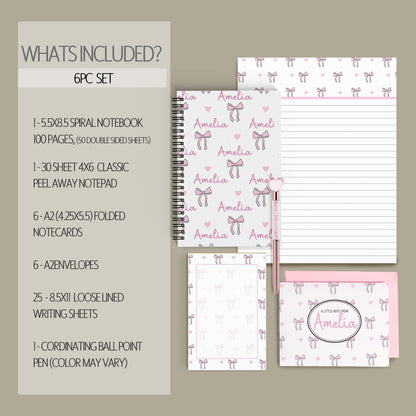 Personalized Stationery Set - Kids Letter Writing Kit with Pink Bow Notebook & Notepad