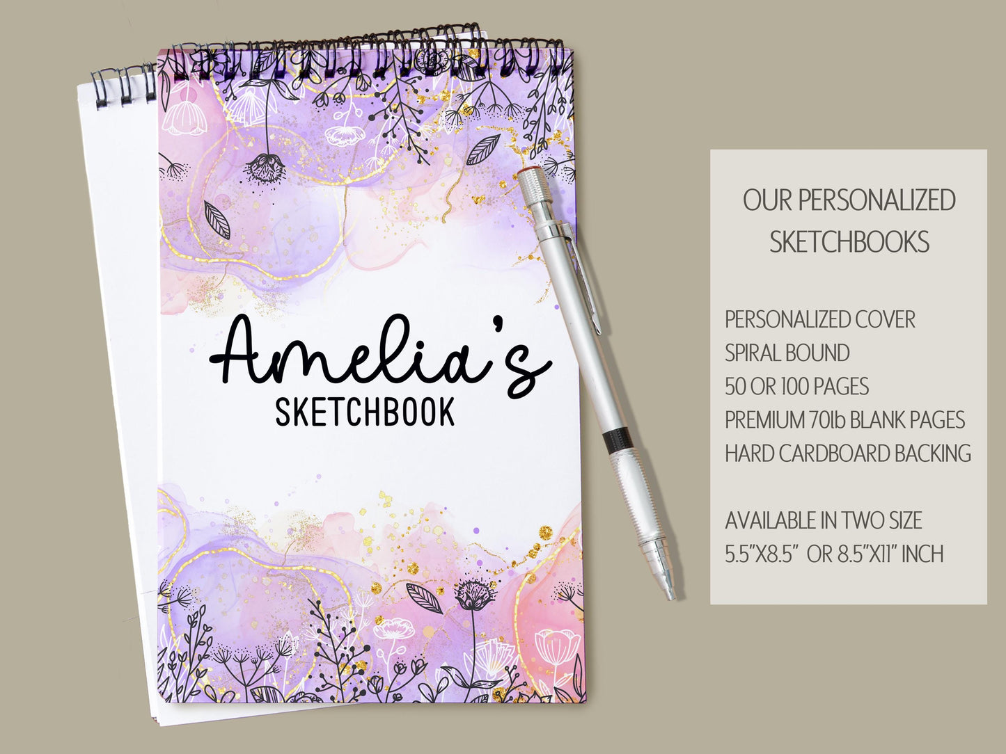 Girls Personalized Sketchbook - Custom Art Pad with Heavyweight Drawing Paper, Purple Pink Spiral Bound