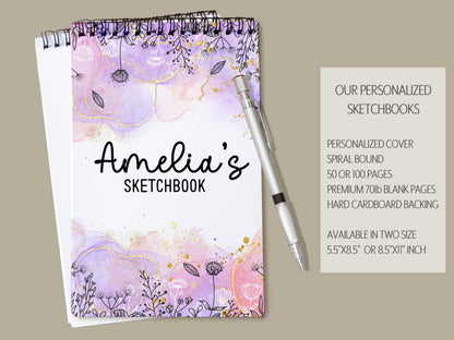 Girls Personalized Sketchbook - Custom Art Pad with Heavyweight Drawing Paper, Purple Pink Spiral Bound