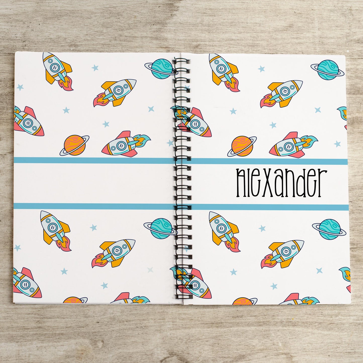 Custom Spiral Notebook - Personalized Kids Writing Journal With Space Rocket Design