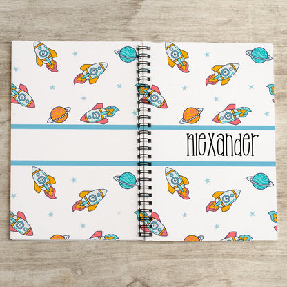 Custom Spiral Notebook - Personalized Kids Writing Journal With Space Rocket Design