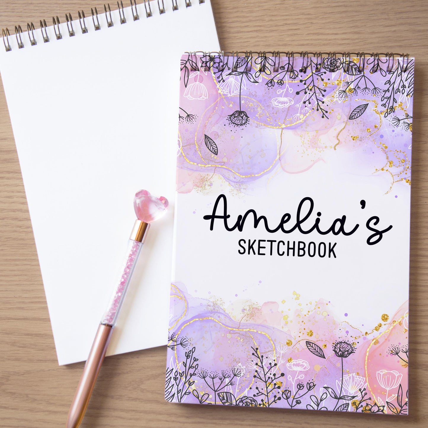 Girls Personalized Sketchbook - Custom Art Pad with Heavyweight Drawing Paper, Purple Pink Spiral Bound