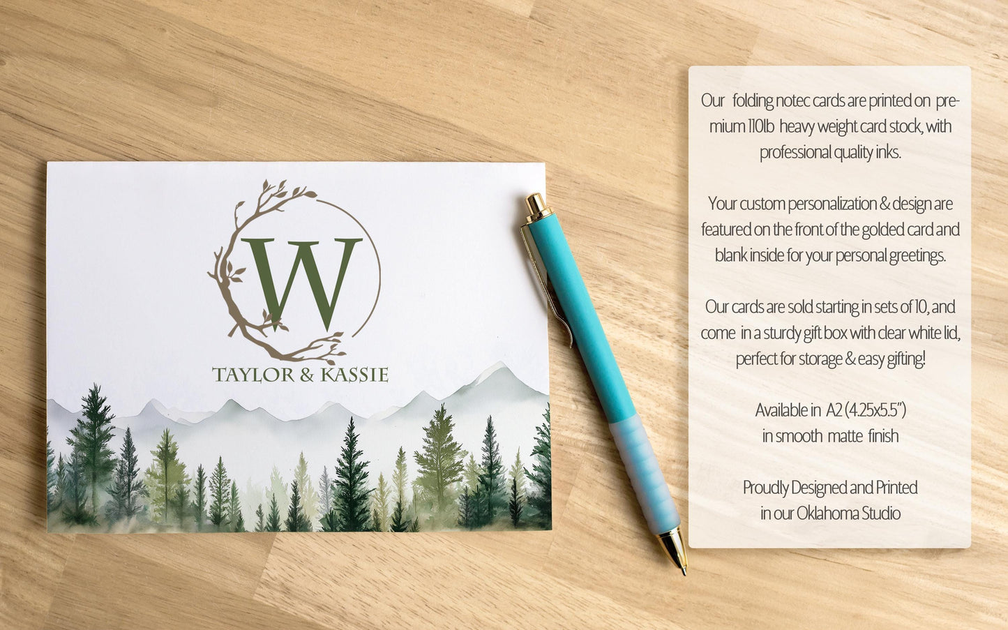 Personalized Note Cards - Custom Folded Cards with Name, Mountain & Evergreen Forest Design