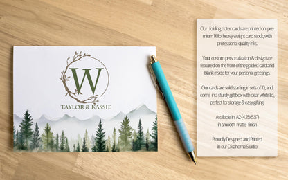 Personalized Note Cards - Custom Folded Cards with Name, Mountain & Evergreen Forest Design