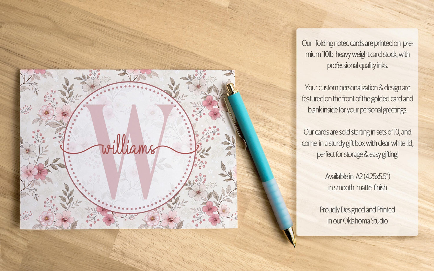 Personalized Note Cards – Custom Folded Cards, Pink Wildflower Stationery Set with Envelopes