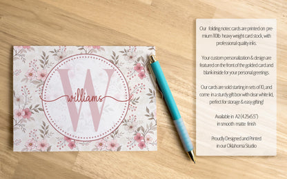 Personalized Note Cards – Custom Folded Cards, Pink Wildflower Stationery Set with Envelopes