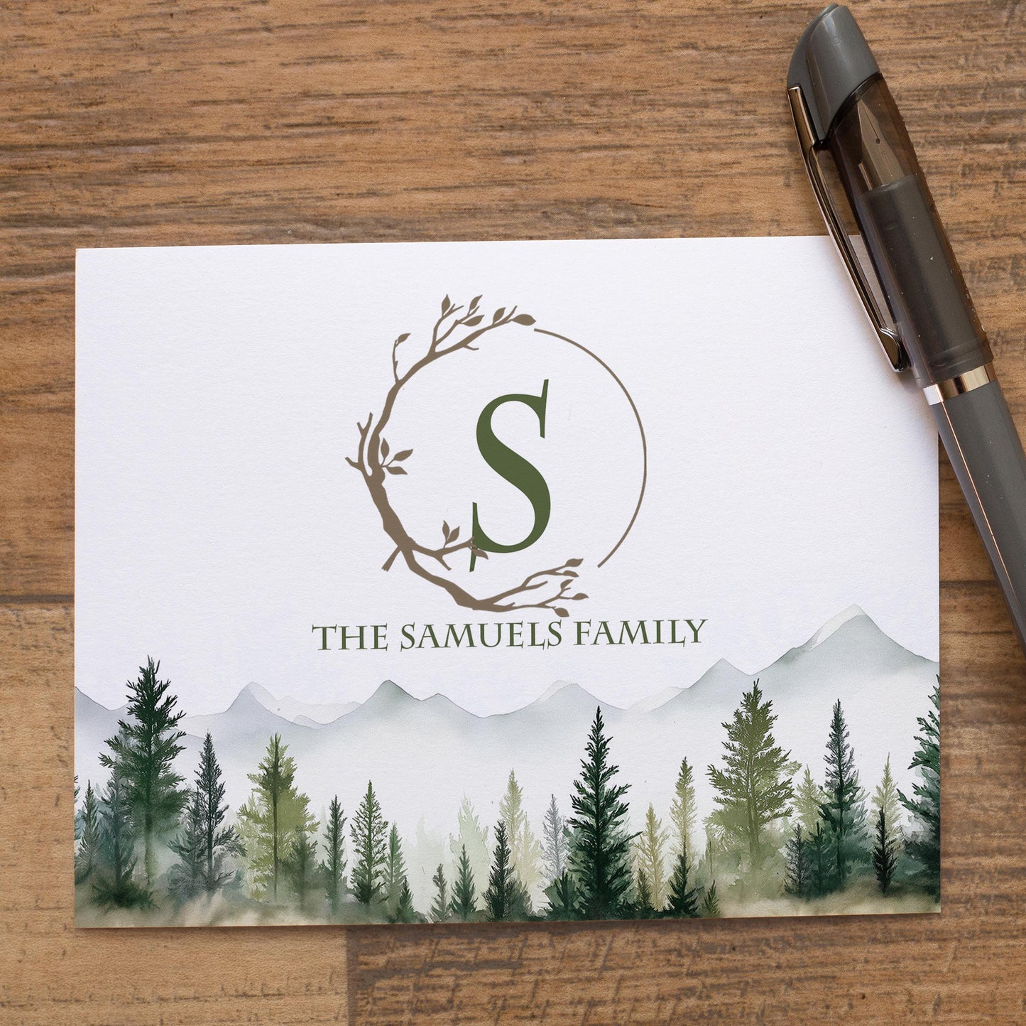 Personalized Note Cards - Custom Folded Cards with Name, Mountain & Evergreen Forest Design