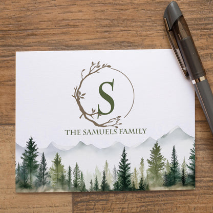 Personalized Note Cards - Custom Folded Cards with Name, Mountain & Evergreen Forest Design
