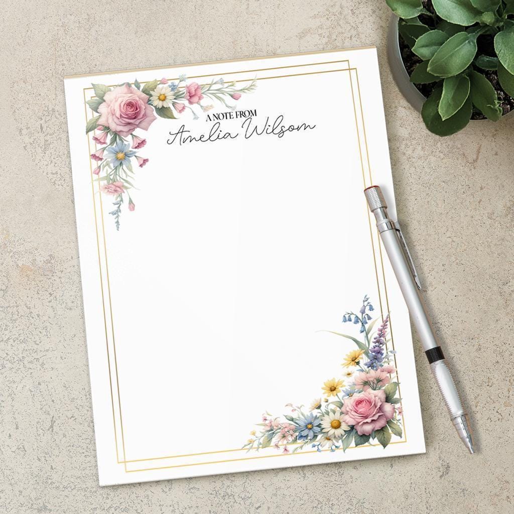 Personalized Notepad – Custom Name Notepad with Floral Design, Lined Sheets & Peel Away Pages