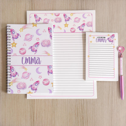 Girls Stationery Set - Personalized Kids Letter Writing Kit with Pink Astronaut Notebook & Space Rocket Paper