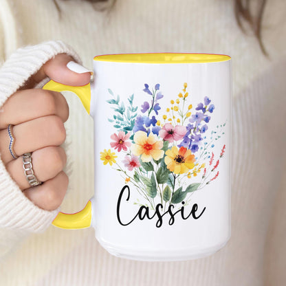 Personalized Flower Mug - Custom Rainbow Wildflower Ceramic Coffee Cup, Gift for Best Friend