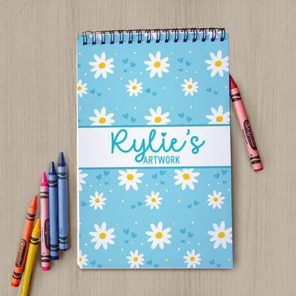 Girls Personalized Sketchbook - Custom Art Book with Blue Daisy Cover | Kids Drawing Pad