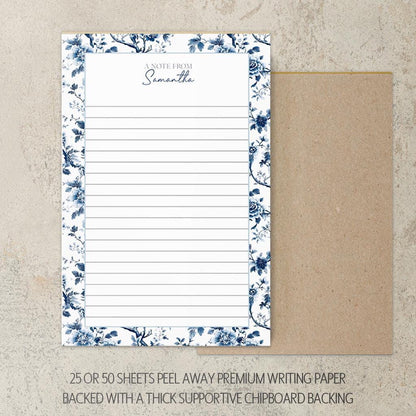 Personalized Notepad - Custom Name Notepads with Blue White Stationery & Floral Chinoiserie Design