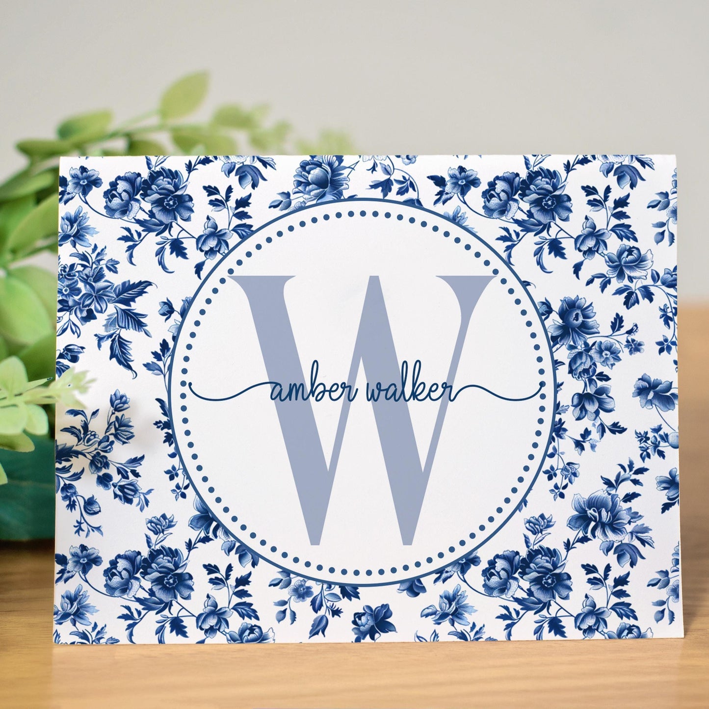 Personalized Note Cards – Custom Folded Notecards Set with Blue White Toile Stationery