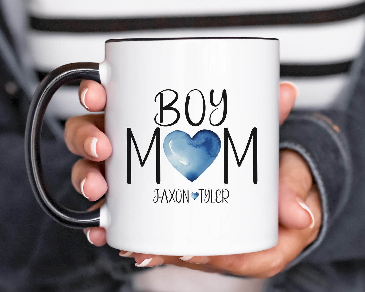 Personalized Boy Mom Mug - Custom Name Mug With Blue Heart | Dishwasher Safe Ceramic Coffee Cup