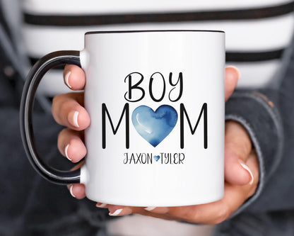 Personalized Boy Mom Mug - Custom Name Mug With Blue Heart | Dishwasher Safe Ceramic Coffee Cup