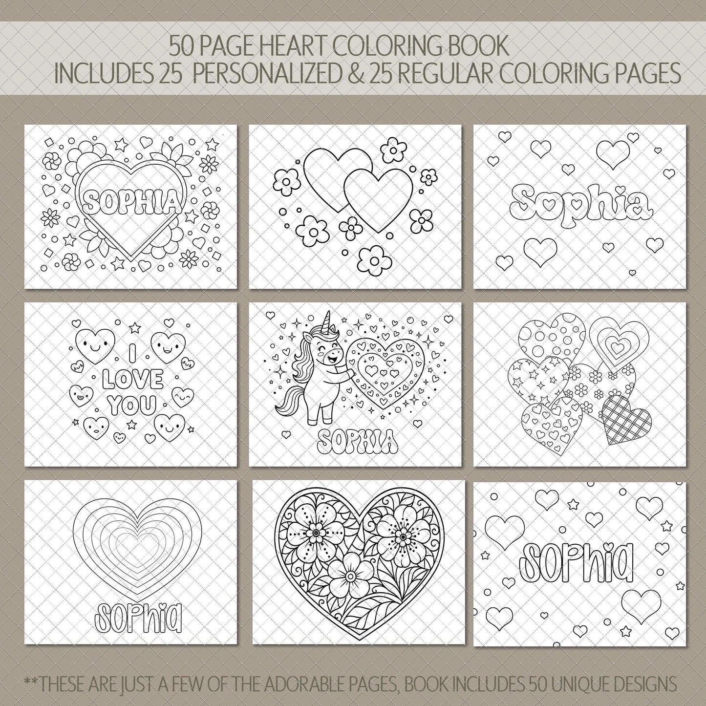 Personalized Coloring Book, Girls Hearts, 50 Pages, 11x8.5 Spiral