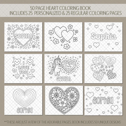 Personalized Coloring Book, Girls Hearts, 50 Pages, 11x8.5 Spiral